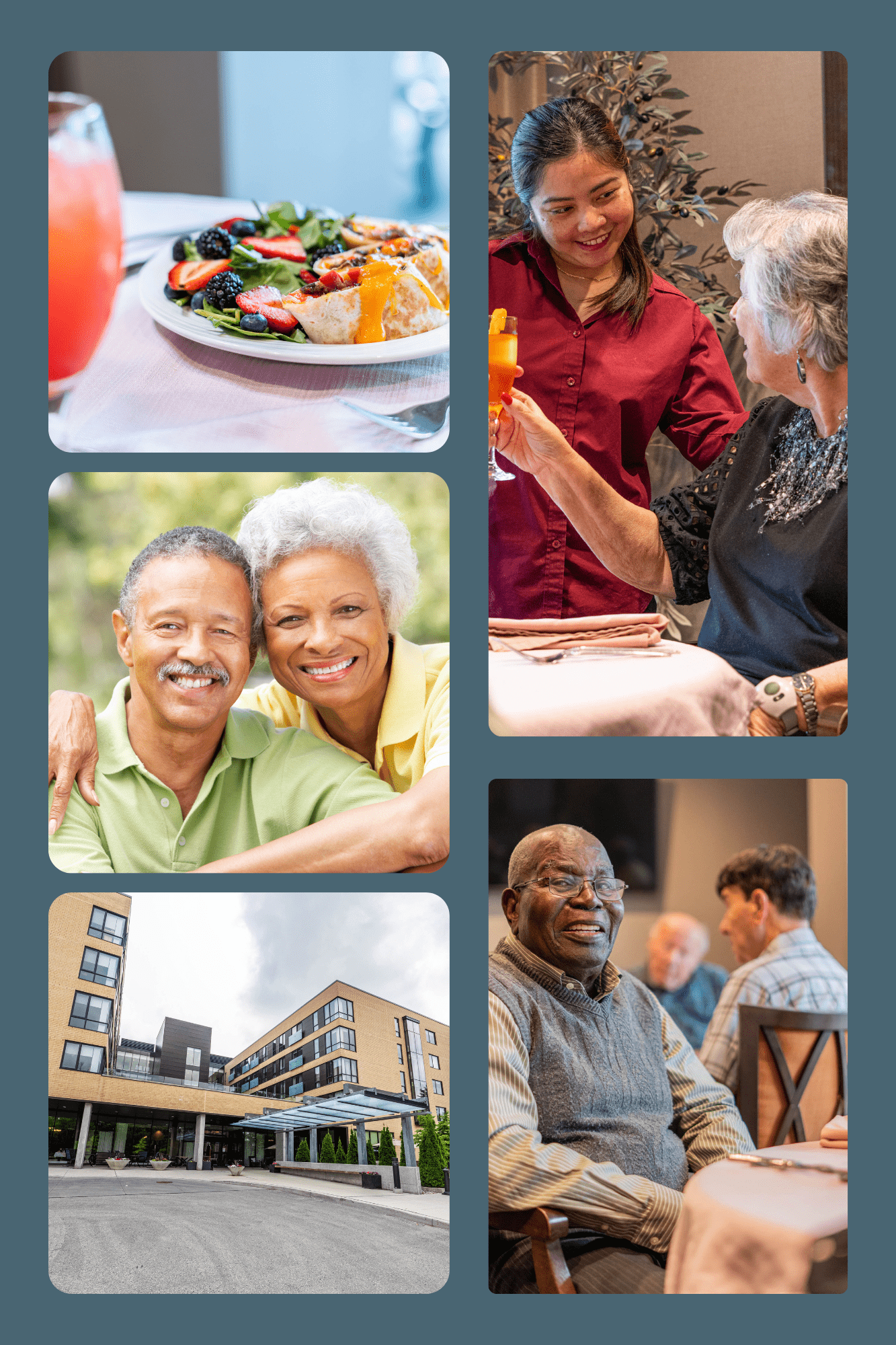 Photo collage of happy residents, food and the exterior of Forestview Retirement Home in Toronto